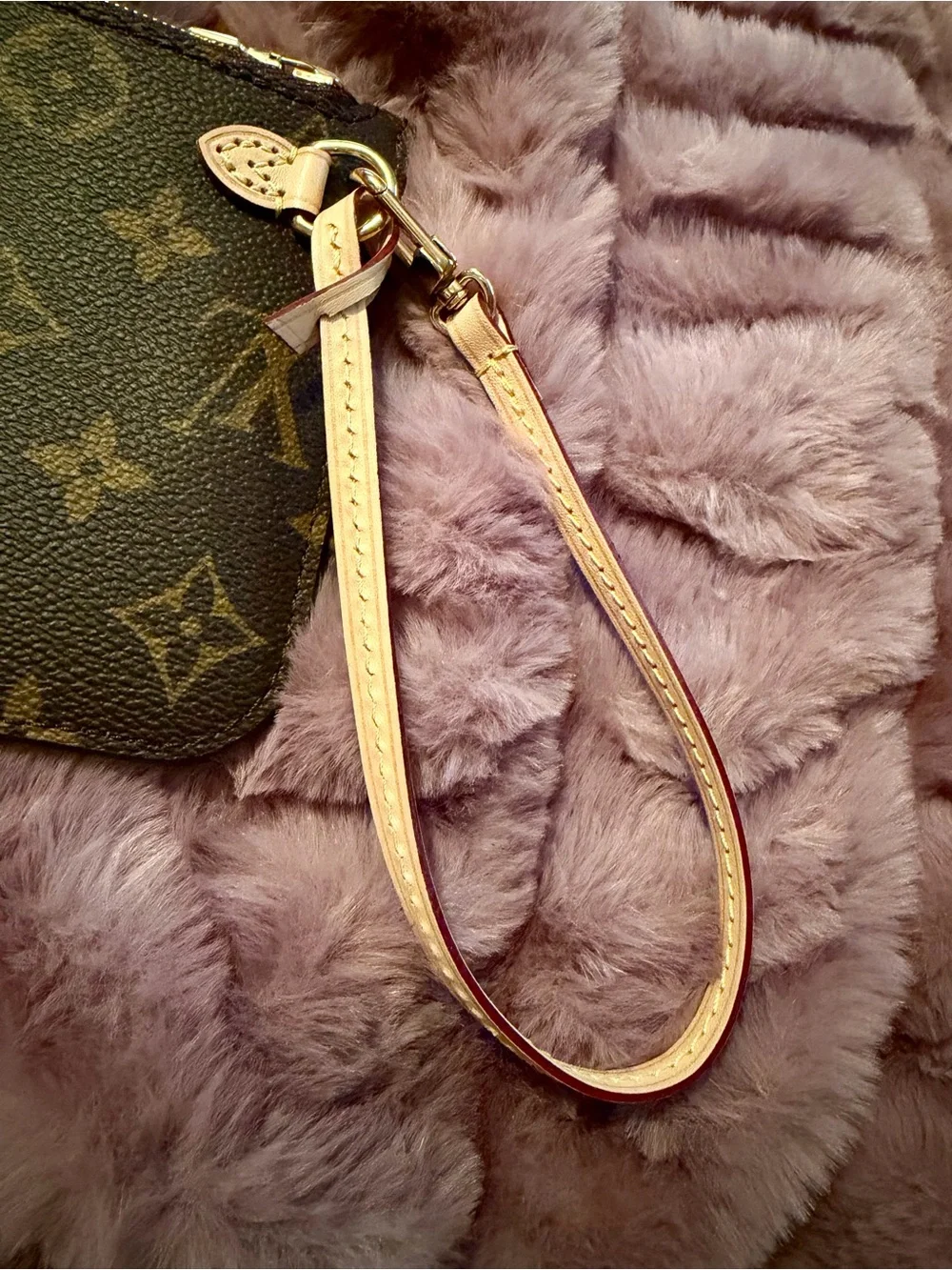 Louis Vuitton Brown Monogram Wristlet with Tan Strap